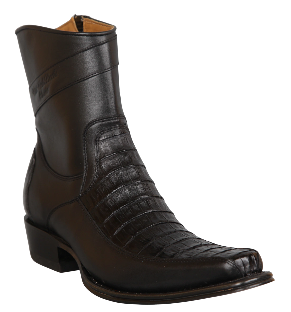 Wild West Men's Caiman Belly and Genuine Leather Skin European Square Toe Short Boot - Black - Side View