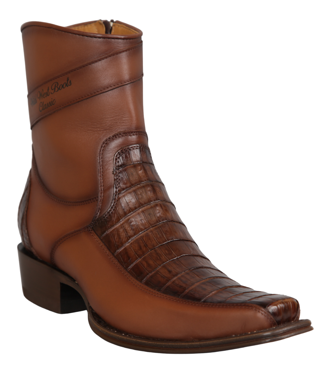Botas Cortas de Panza de Caiman y Piel Original Punta Cuadrada Europea Wild West Boots - Cafe Difuminado