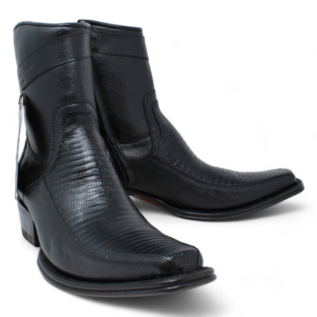 Western Men's Genuine Teju Lizard European Square Toe Short Boots in Black Color - Wild West Boots - Pair Side View