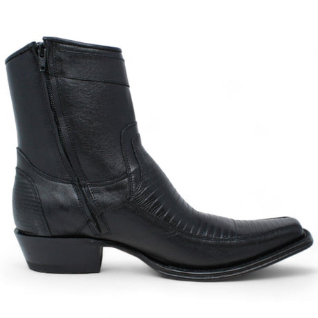 Western Men's Genuine Teju Lizard European Square Toe Short Boots in Black Color - Wild West Boots - Right Side View