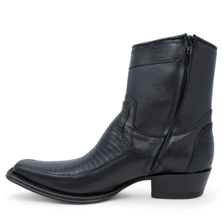 Western Men's Genuine Teju Lizard European Square Toe Short Boots in Black Color - Wild West Boots - Left Side View