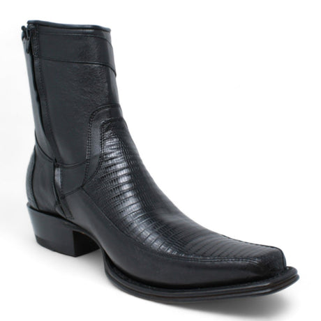 Western Men's Genuine Teju Lizard European Square Toe Short Boots in Black Color - Wild West Boots - Side View