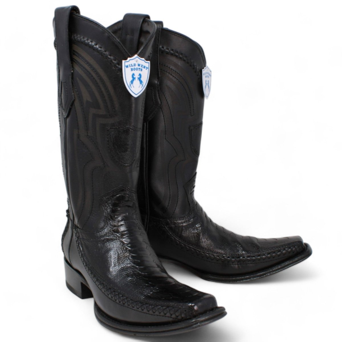 Western Genuine Ostrich Leg European Toe Boots Black Color - Wild West Boots - Pair Side View 