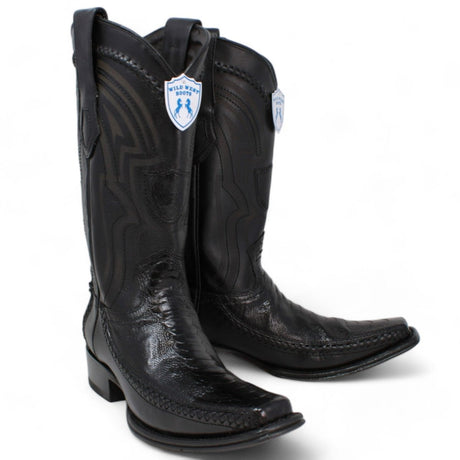 Western Genuine Ostrich Leg European Toe Boots Black Color - Wild West Boots - Pair Side View 