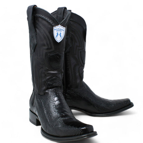 Western Genuine Ostrich Leg European Toe Boots Black Color - Wild West Boots - Pair Side View 