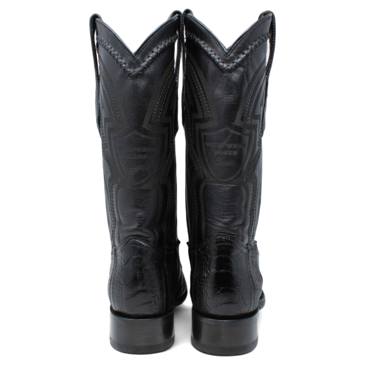 Western Genuine Ostrich Leg European Toe Boots Black Color - Wild West Boots - Pair Back View 