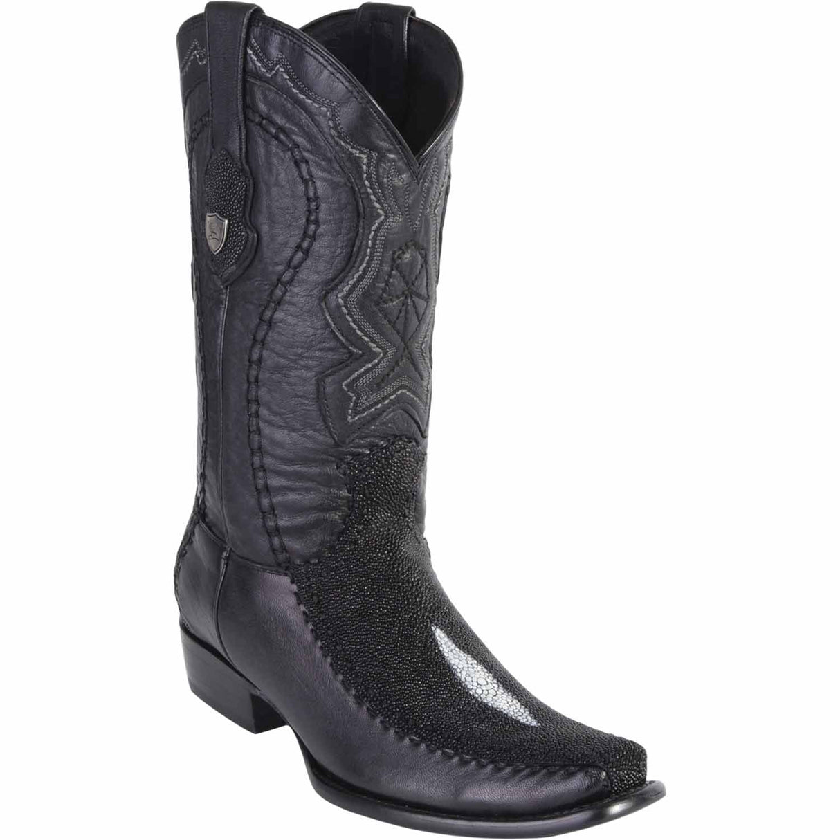 Western Genuine Stingray and Deer Single Stone Leather Square Dubai Toe Boots Black Color - Wild West Boots - Side View 