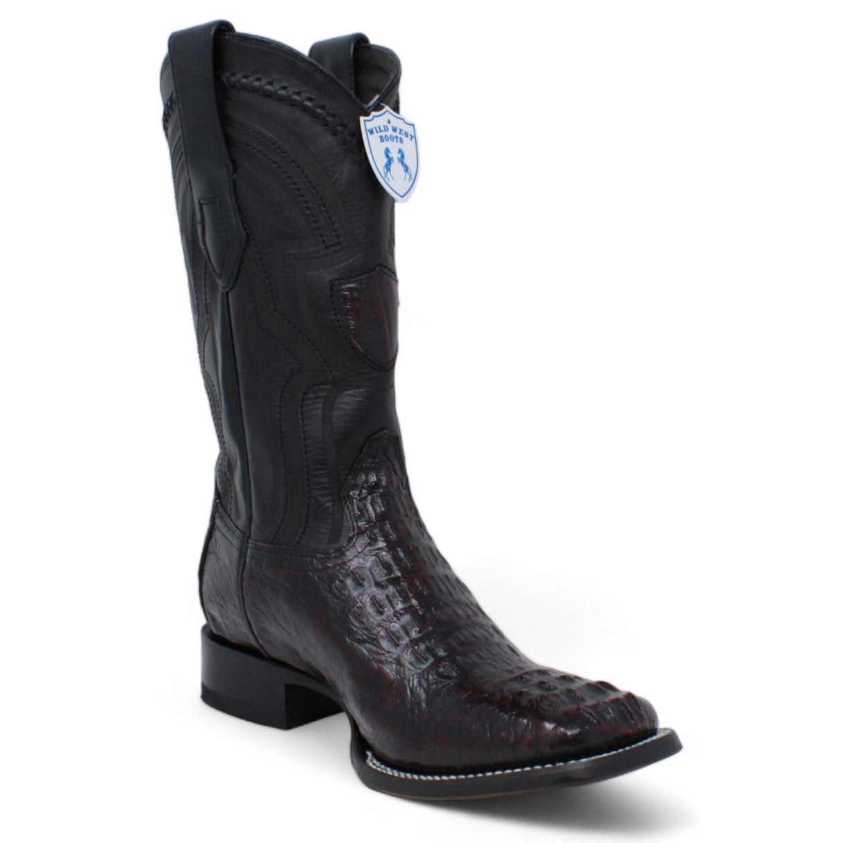 Genuine Crocodile Caiman Hornback Wide Square Toe Boots Black Chaerry Color - Wild West Boots 