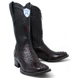 Genuine Crocodile Caiman Hornback Wide Square Toe Boots Black Chaerry Color - Wild West Boots pair