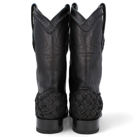 Genuine Monster Fish Pirarucu Wide Square Toe Boots Black Matte Color - Wild West Boots back