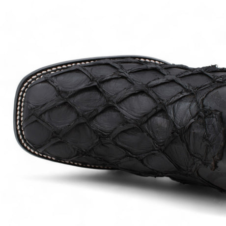 Genuine Monster Fish Pirarucu Wide Square Toe Boots Black Matte Color - Wild West Boots toe