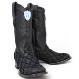 Genuine Monster Fish Pirarucu Wide Square Toe Boots Black Matte Color - Wild West Boots Pair
