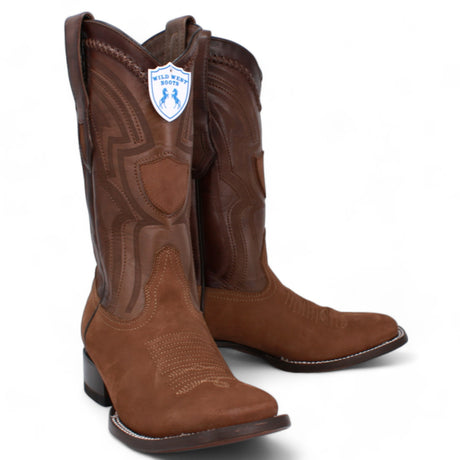 Western Nobuck Square Rodeo Toe Cowboy Boots Brown Color - Wild West Boots - Pair Side View