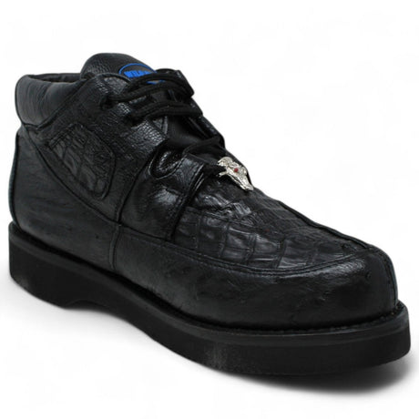 Casual Caiman and Ostrich Leather Shoes Black Color - Wild West Boots - Side View 