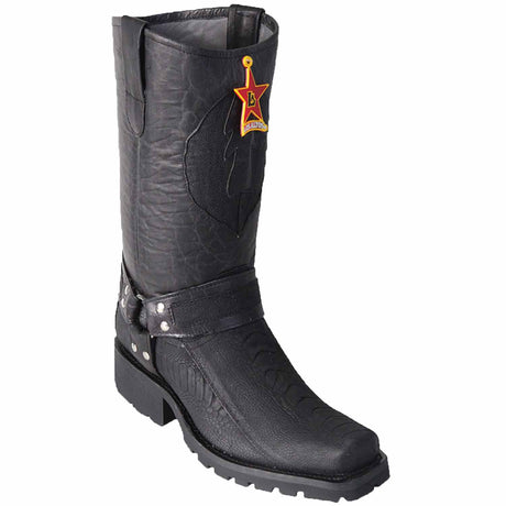 Genuine Ostrich Leg Square Toe Biker Boots Greasy Black Color – Los Altos Boots – Side View
