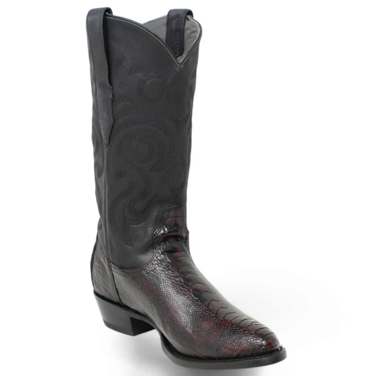 Botas de Pata de Avestruz Original Punta Oval Color Negro Rojizo - Los Altos Boots