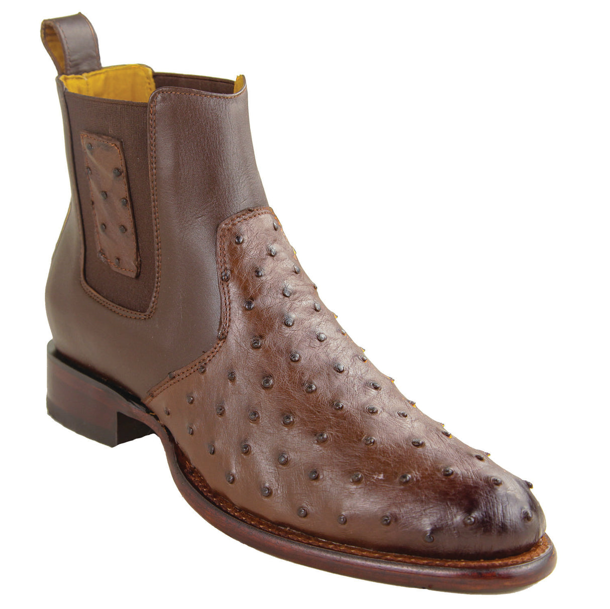 Genuine Smooth Ostrich Leather Ankle Boots Round Toe Roper Style Brown Color - Los Altos Boots - Front View