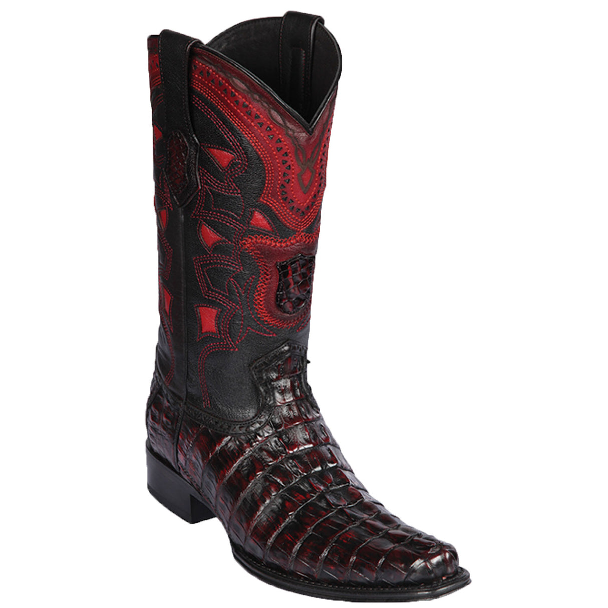 Wester Geuine Caiman Tail European Square Toe Boots Black Cherry Color - Los Altos Boots Side View 