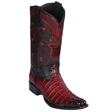 Wester Geuine Caiman Tail European Square Toe Boots Faded Burgundy Color - Los Altos Boots Side View 