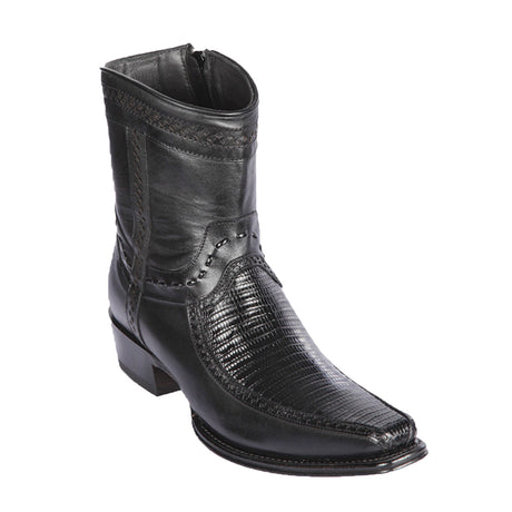 Western Genuine Teju Lizard & Deer European Square Toe Short Boots Black Color – Los Altos Boots – Side View