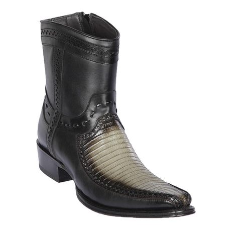 Western Genuine Teju Lizard & Deer European Square Toe Short Boots Faded Gray Color – Los Altos Boots – Side View