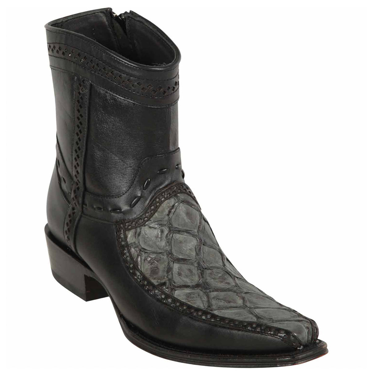 Western Genuine Piraruccu Fish European Square Toe Short Boots Black/Gray Color - Los Altos Boots Side View 