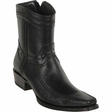Western Genuine Leather European Square Toe Short Boots Black Color – Los Altos Boots – Side View 