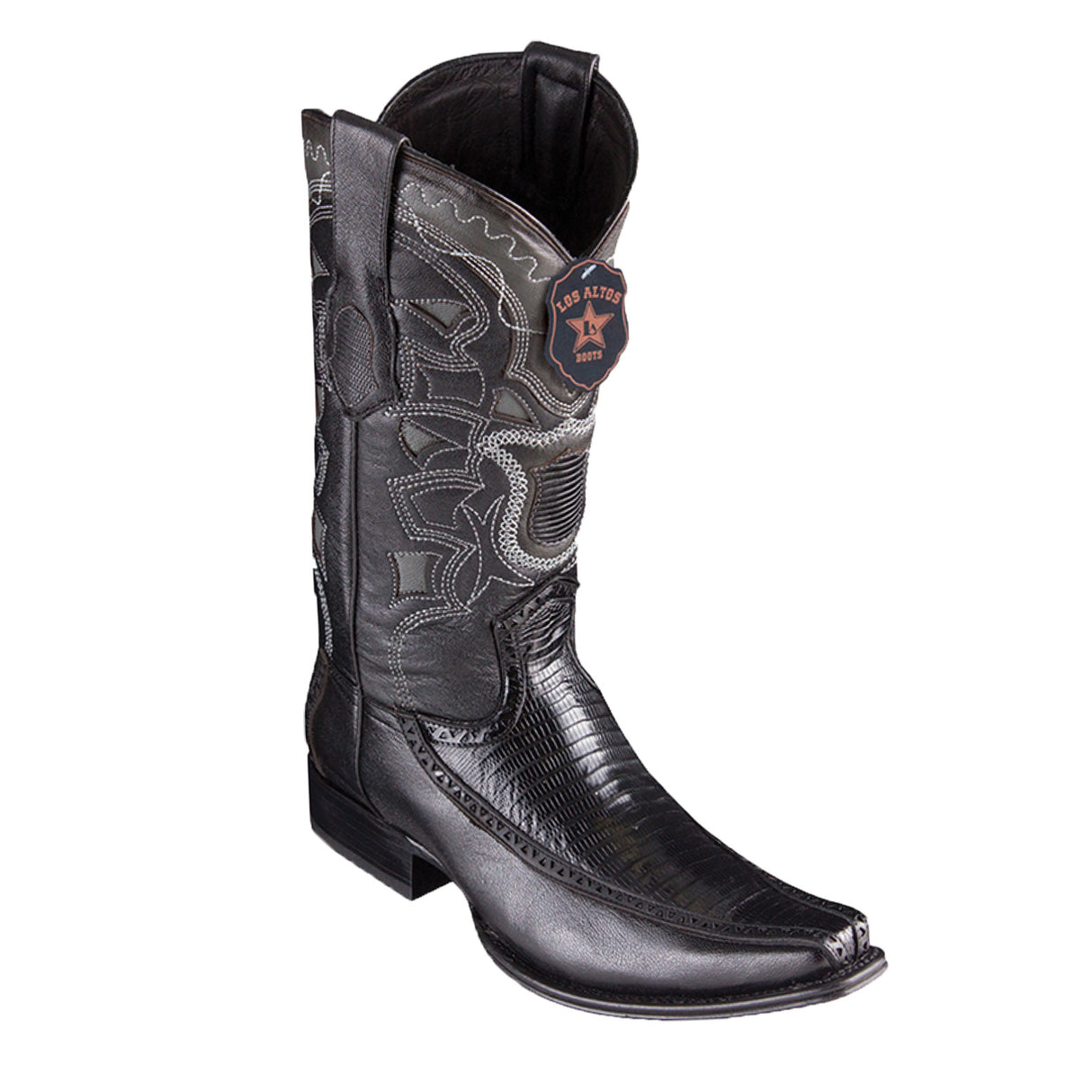 Western Genuine Teju Lizard & Deer European Square Toe Boots Black Color – Los Altos Boots – Side View