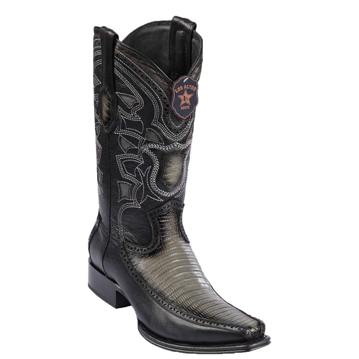 Western Genuine Teju Lizard & Deer European Square Toe Boots Faded Gray Color – Los Altos Boots – Side View