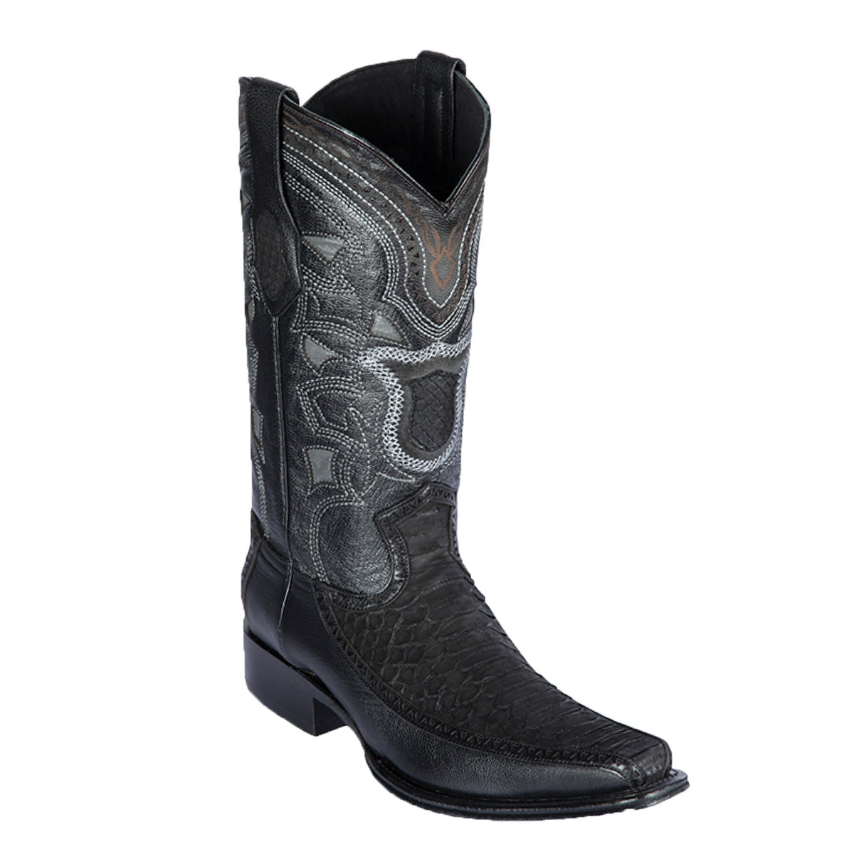 Western Genuine Python & Deer European Square Toe Boots Nubuck Black Color – Los Altos Boots – Side View