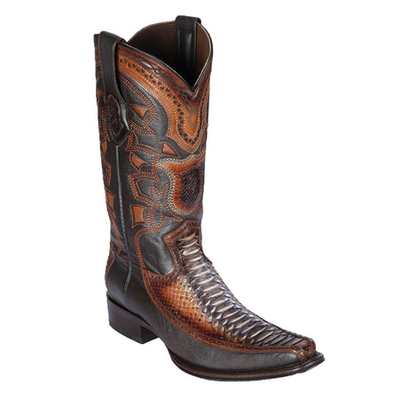 Western Genuine Python & Deer European Square Toe Boots Rustic Cognac Color – Los Altos Boots – Side View