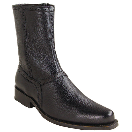 Western Genuine Deer Leather Round Toe Short Boots Black Color – Los Altos Boots – Side View 