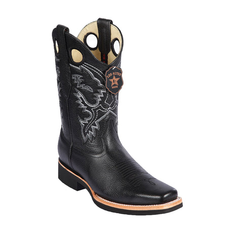 Western Genuine Leather Square Wide Toe Rodeo Boots Black Color – Los Altos Boots – Side View