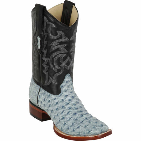 Western Genuine Ostrich Wide Square Toe Boots Rustic Blue Color - Los Altos Boots Side View