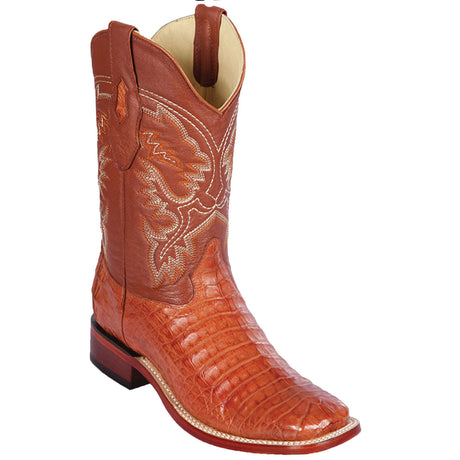 Western Genuine Caiman Belly Wide Square Toe Boots Cognac Color - Los Altos Boots - Side View
