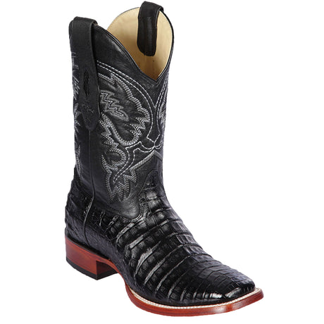 Western Genuine Caiman Belly Wide Square Toe Boots Black Color - Los Altos Boots - Side View
