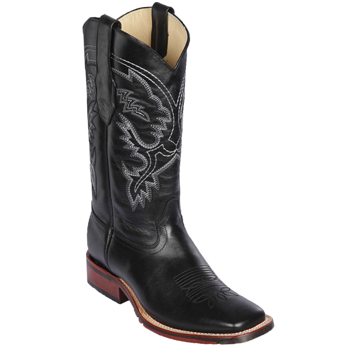 Western Genuine Leather Wide Square Toe Boots Black Color - Los Altos Boots Side View