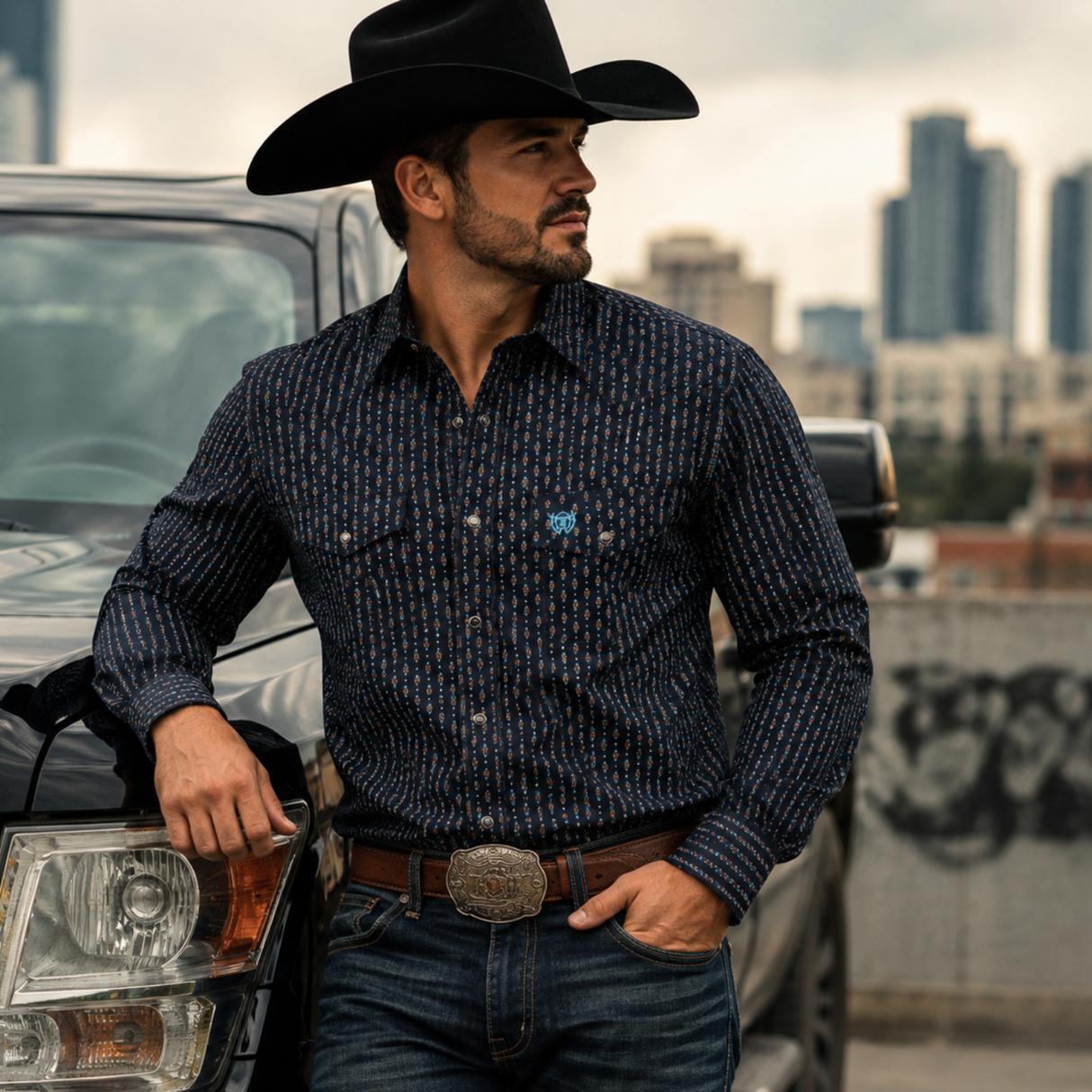 Camisa Western para Hombre de Manga Larga con Estampado Azul -American West