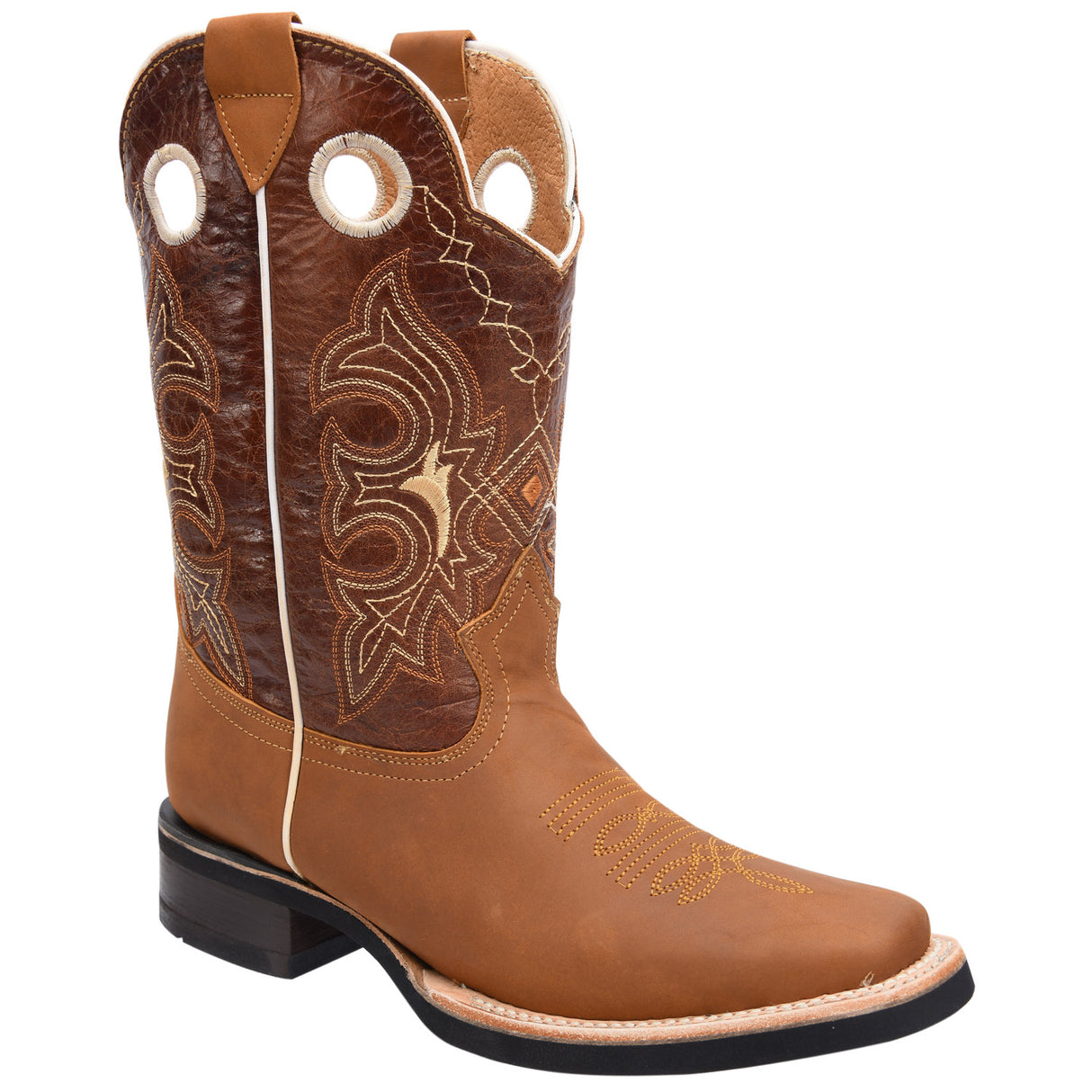 Brown handmade men’s cowboy boots in genuine cowhide leather with square toe, crazy finish, 1.5" heel, and leather sole – FREE USA Shipping.