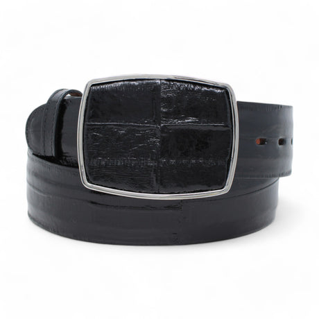 Genuine Eel Cowboy Belt Black Color - Los Altos Boots - Front View 