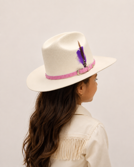 Sombrero vaquero para nina de telar 1x1 edicion Virgen de Guadalupe con toquilla imitacion avestruz color rosa y pluma genuina Hooch Boots HSN31 vista 2
