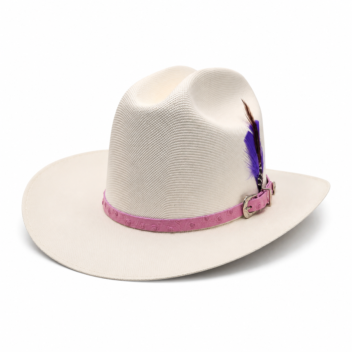 Sombrero vaquero para nina de telar 1x1 edicion Virgen de Guadalupe con toquilla imitacion avestruz color rosa y pluma genuina Hooch Boots HSN31 vista 3
