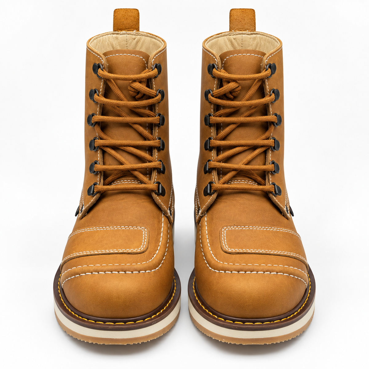 Bota de trabajo para hombre punta redonda de piel crazy color miel con suela de hule Hooch Boots H50151 vista frontal