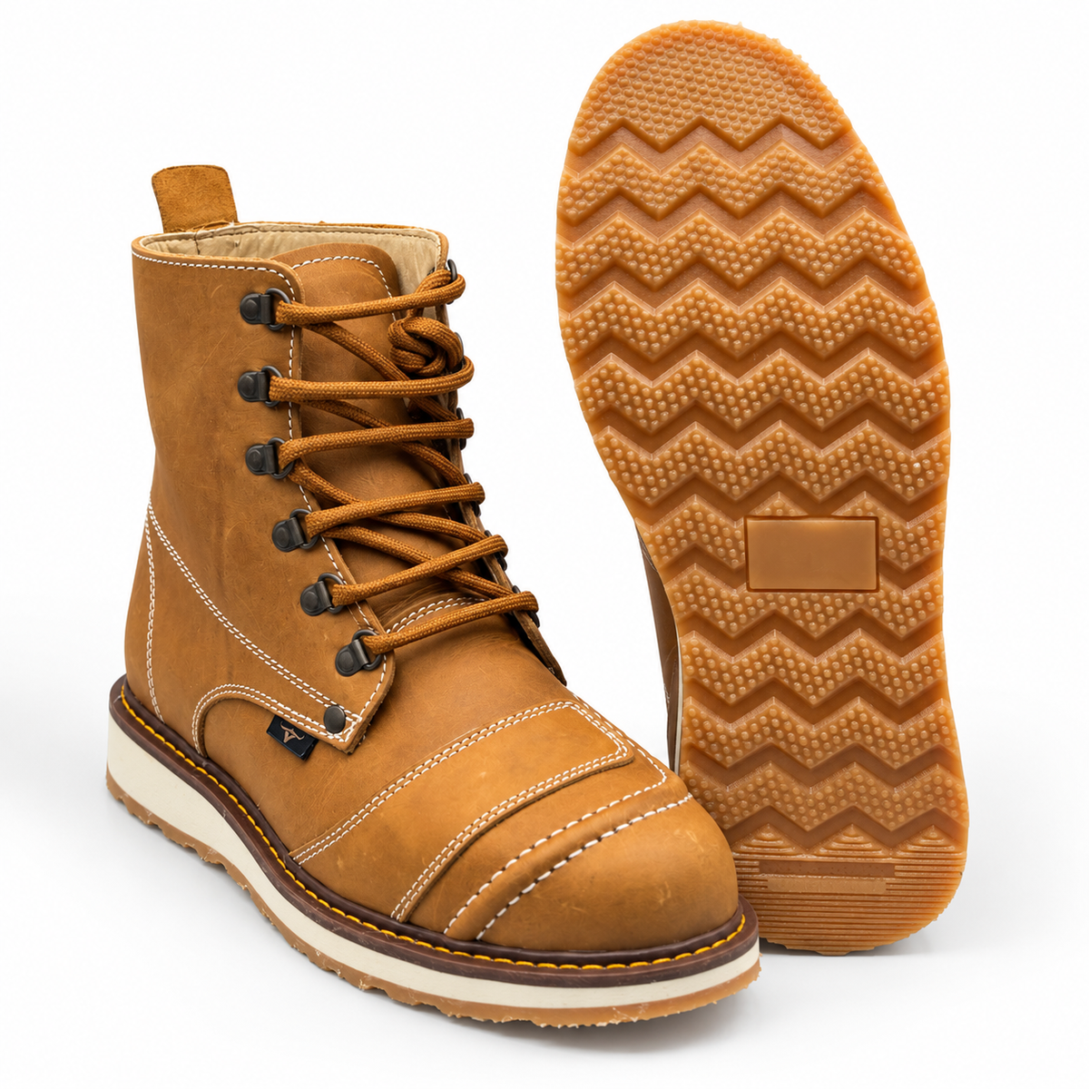 Bota de trabajo para hombre punta redonda de piel crazy color miel con suela de hule Hooch Boots H50151 vista de la suela