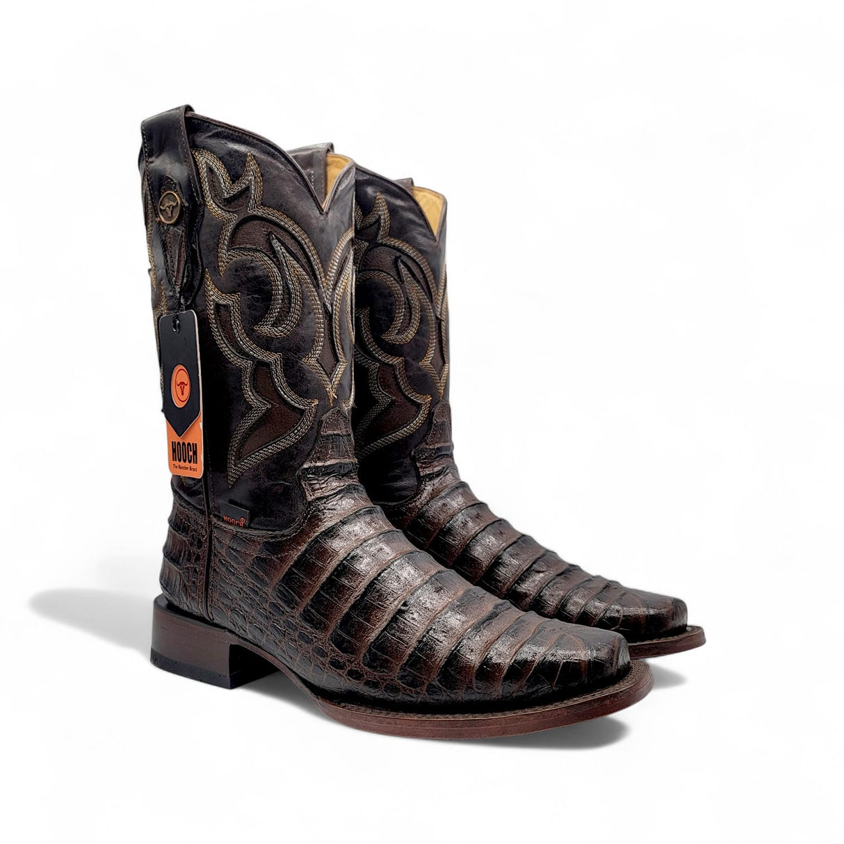 Caiman Belly Leather Engraved Boots with Wide Square Toe in Chocolate Color – Hooch Boots - Pair Side View