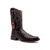 Caiman Belly Leather Engraved Boots with Wide Square Toe in Chocolate Color – Hooch Boots - Side View