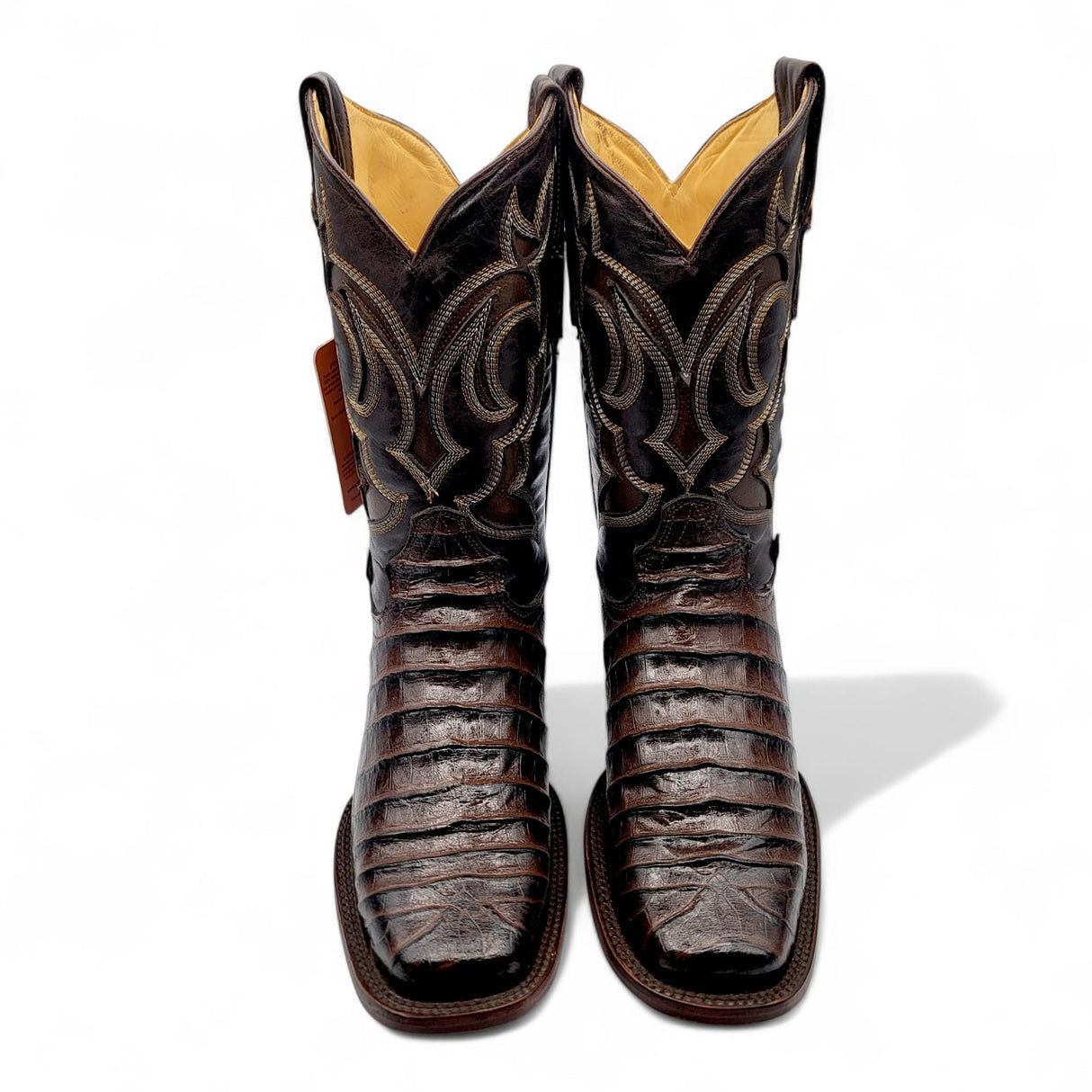 Caiman Belly Leather Engraved Boots with Wide Square Toe in Chocolate Color – Hooch Boots - Pair Top View