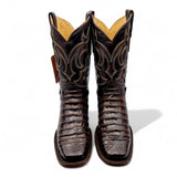 Caiman Belly Leather Engraved Boots with Wide Square Toe in Chocolate Color – Hooch Boots - Pair Top View