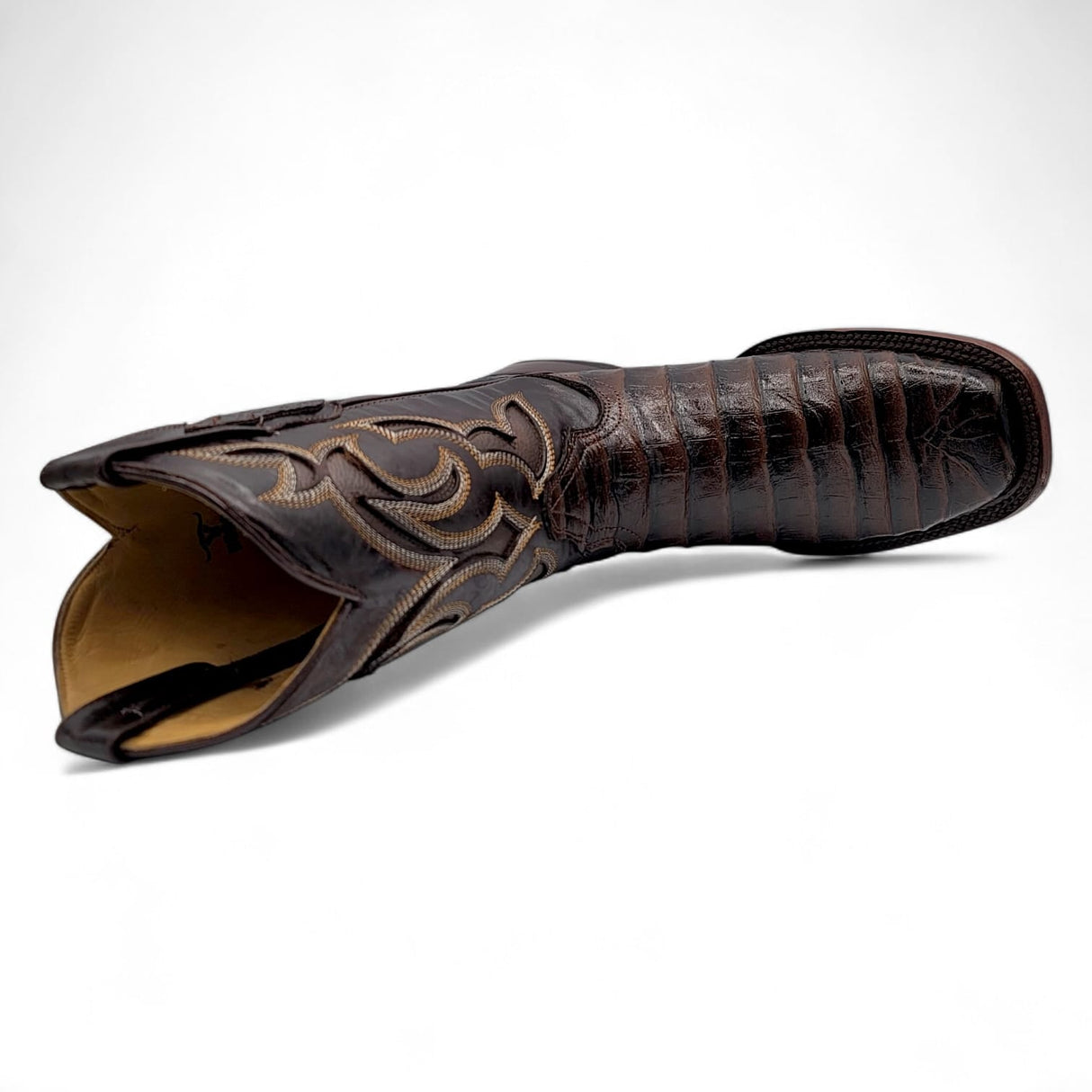 Caiman Belly Leather Engraved Boots with Wide Square Toe in Chocolate Color – Hooch Boots - Top View