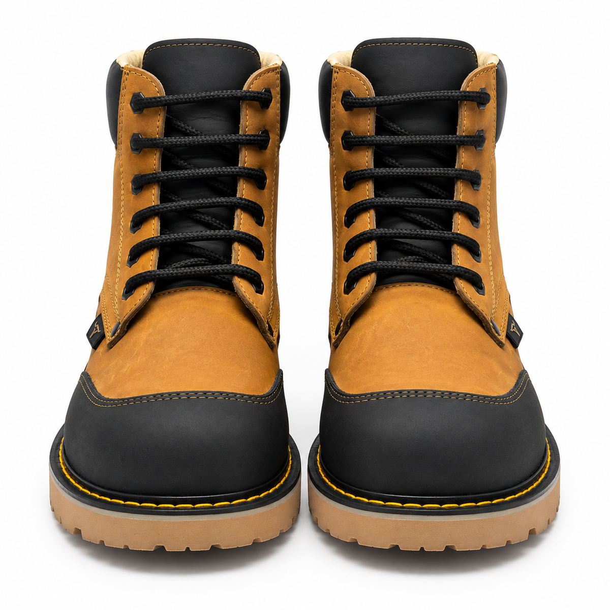 Bota de trabajo de 6" para hombre punta moc de piel genuina color miel y negro con suela de hule resistente a aceite y acido Hooch Boots H60351 par vista frontal